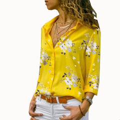 Women Blouses  Autumn Elegant Long Sleeve Print V-Neck Chiffon Blouse