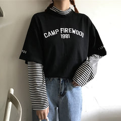 Women's T-shirts Tunic Kawaii Ladies Vintagestriped Long Sleeve T-shirt