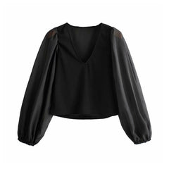 Women sexy deep V neck black blouse patchwork transparent sleeve