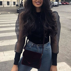 Women sexy stylish solid black blouse long puff sleeve stretchy transparent