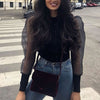 Image of Women sexy stylish solid black blouse long puff sleeve stretchy transparent