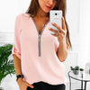 Image of Zipper Short Sleeve Women Shirts Sexy V Neck Solid Womens