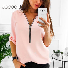 Zipper Short Sleeve Women Shirts Sexy V Neck Solid Womens