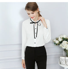 Long Sleeve Bow Slim White Shirt Female Cute Bodycon Work Blouses