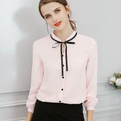 Long Sleeve Bow Slim White Shirt Female Cute Bodycon Work Blouses