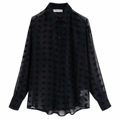 new women  dot stitching casual chiffon blouse shirt women long sleeve chic  perspective white  LS3725