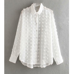 new women  dot stitching casual chiffon blouse shirt women long sleeve chic  perspective white  LS3725