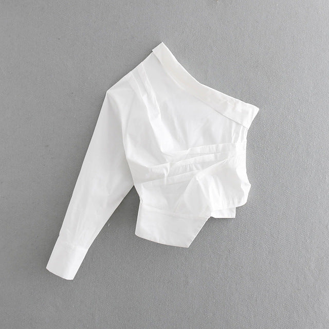 new women fashion solid color one shoulder pleated Shirt blouses