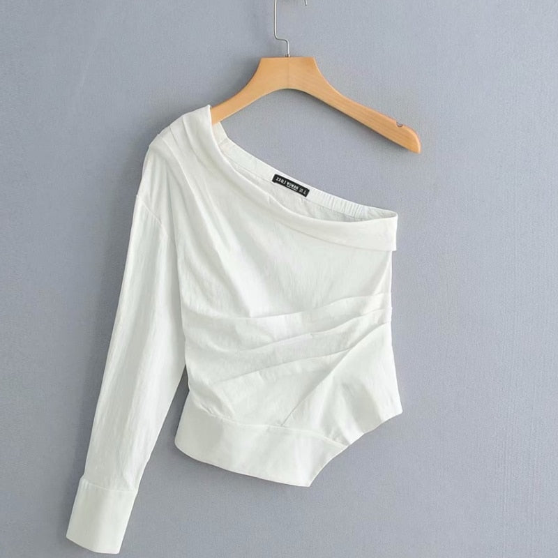 new women fashion solid color one shoulder pleated Shirt blouses