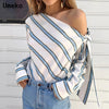 Image of Striped Women One Shoulder Sexy Long Sleeve Blouse Bow Shirts