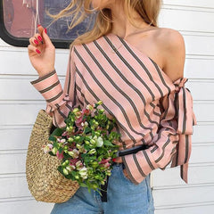 Striped Women One Shoulder Sexy Long Sleeve Blouse Bow Shirts