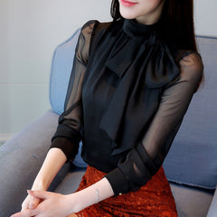 Long Sleeve Tie Bow Chiffon Turtleneck