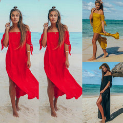 Women Swim Suit Short Sleeve Solid Cover Up Summer Maxi Beach Dresses