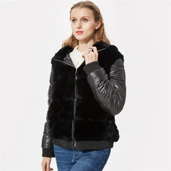 real rex rabbit fur coat with hood down coat jacket sleeves sporty fashion real fur jacket hooded