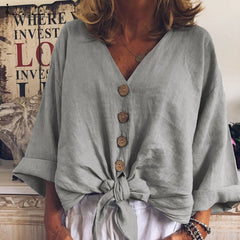 Women Long Sleeve Shirt Casual Cotton Linen Sexy V Neck Buttons Down