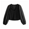 Image of Women sexy deep V neck black blouse patchwork transparent sleeve