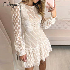 Melegant Sexy Winter Mesh Lace Dresses Women Party Embroidery Female Vintage Polka Dot Short Dress Plus Size Dresses Vestidos