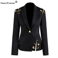 HarleyFashion High Street Stylish Women Blazer Single Button Mesh Patchwork Pin Slim Quality Black Blazers