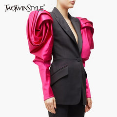 Patchwork Hit Color Women's Blazer Puff Sleeve Notched Female Blazers