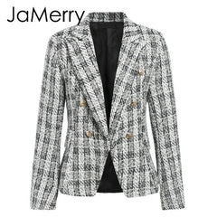 Vintage 2 piece set plaid blazer women Buttons double breast office lady blazer jackets