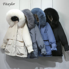 Winter Jacket for Women Large Natural Fox Fur White Duck Down Coat