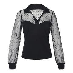 Sexy Long Sleeve Vintage Polka Dot Mesh Transparent Blouse Shirt