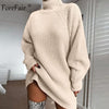 Image of Forefair Oversized Knitted Dress Sweater Autumn 2019 Solid Long Sleeve Casual Elegant Mini Warm Winter Turtleneck Dress Women