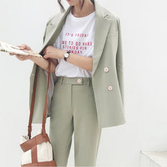 Thicken Women Pant Suit Light Green Notched Blazer Jacket & Pant