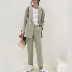 Thicken Women Pant Suit Light Green Notched Blazer Jacket & Pant