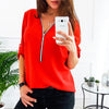 Image of Zipper Short Sleeve Women Shirts Sexy V Neck Solid Womens