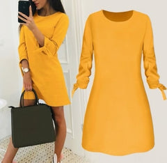 Women Fashion O-neck Solid Bow Elegant Straight Dress Spring Loose Mini Dresses