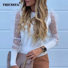 New Women Mesh Sheer Blouse See-through Puff Long Sleeve Blouse