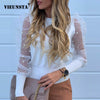 Image of New Women Mesh Sheer Blouse See-through Puff Long Sleeve Blouse