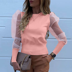 New Women Mesh Sheer Blouse See-through Puff Long Sleeve Blouse