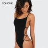 Image of Strappy Backless Bodysuit Women Black Sleeveless