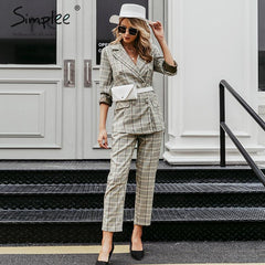 Plaid double breasted women blazer suit set Long sleeve office ladies pant