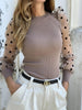 Image of Women Spring Mesh Puff Long Sleeve Ribbed Knitted Shirt