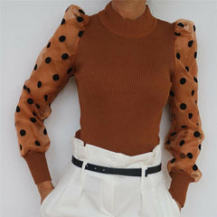 Women Spring Mesh Puff Long Sleeve Ribbed Knitted Shirt