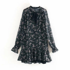 Women Ruffle Bow Tie Mini Floral Print Dress Vintage Long Sleeve