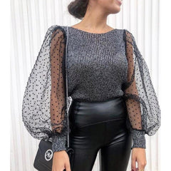 Elegant Knitted Patchwork Tops Blouse Mesh Puff Sleeve O-neck Streetwear