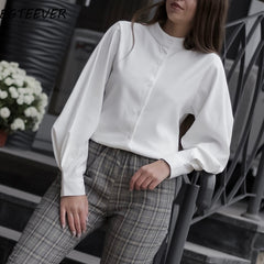 Vintage Lantern Sleeve Autumn & Winter Thicken Women Shirt Blouses