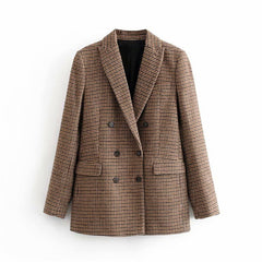 Vintage Casual Plaid Blazer Women Fashion Double Breasted Office Ladies Jacket Coat