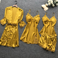 Summer New 4 Pcs Set Women Pyjama Satin High Quality Lace Sexy Sleepwear