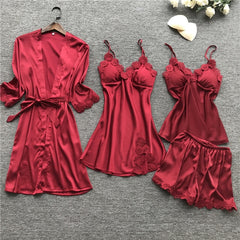 Summer New 4 Pcs Set Women Pyjama Satin High Quality Lace Sexy Sleepwear