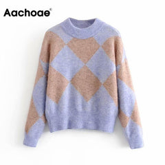 Casual Women O Neck Knitted Argyle Sweater Winter Cotton Warm Long Sleeve Pullover Elegant Female Outwear Ladies Loose Jumper