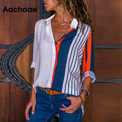 Women Striped Blouses Long Sleeve Chiffon Blouse Turn Down Collar