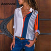 Image of Women Striped Blouses Long Sleeve Chiffon Blouse Turn Down Collar