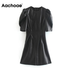 Faux Leather Dress Women Sexy Club Puff Short Sleeve Bodycon Party Dress Vintage Pleated Tunic Black Mini Dress Vestidos