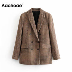 Vintage Casual Plaid Blazer Women Fashion Double Breasted Office Ladies Jacket Coat