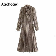 Women Elegant Long Dress With Belt Chain Print Bow Tie Neck Office Lady